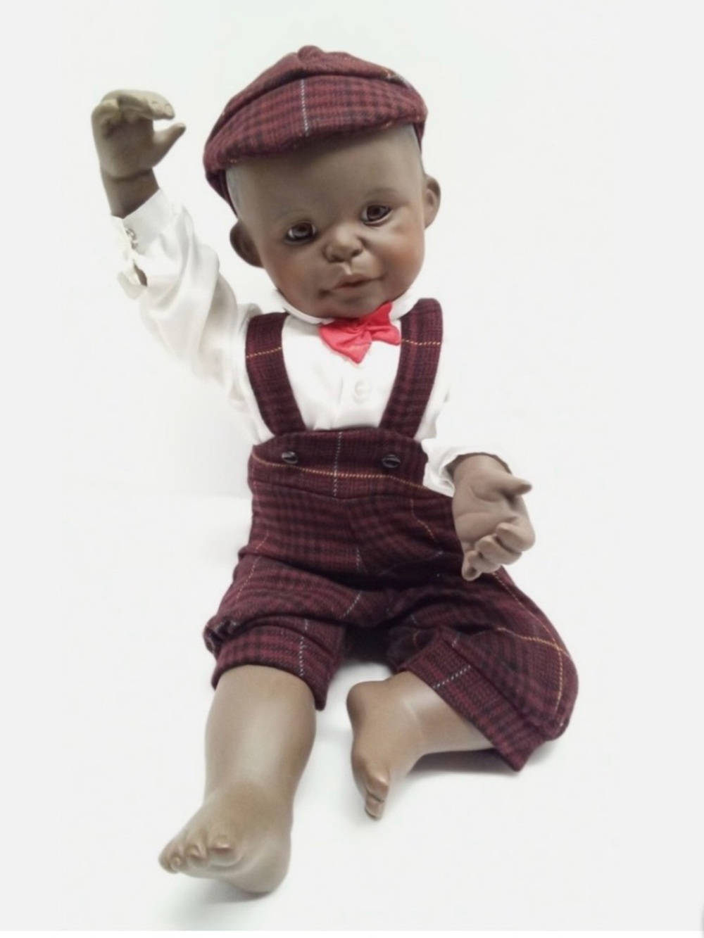 David Classic Burgundy Plaid Baby Doll Outfit with Cap and Bow